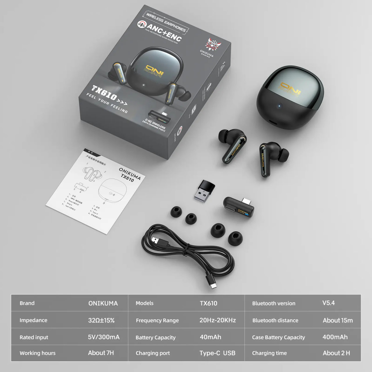 ONIKUMA TX610 Dual-Mode ANC With 30ms Wireless Ultra-Low Latency Black Gaming Earbuds