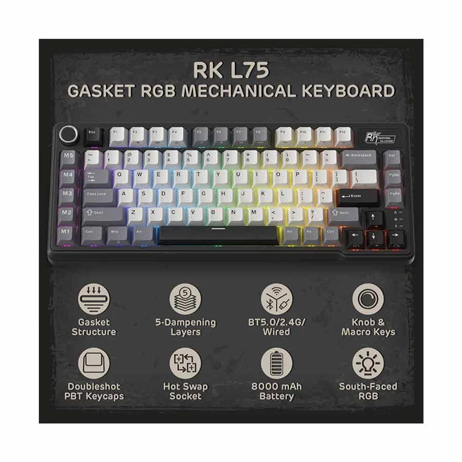 Royal Kludge RK L75 RGB Tri Mode Hot Swap (Cream Switch) Knight Black Mechanical Gaming Keyboard